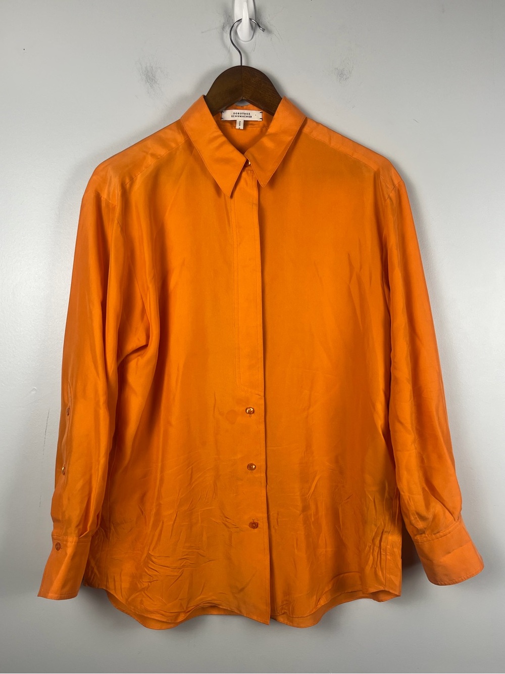 Dorothee Schumacher 100% silk orange button down blouse size 2 FLAW